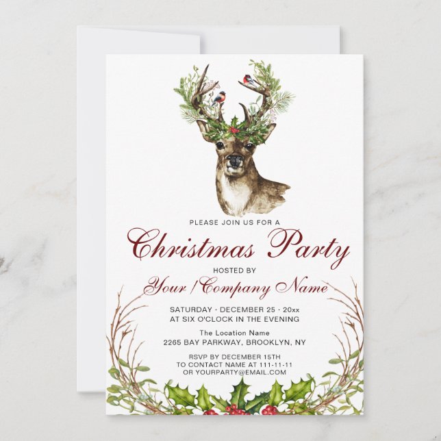 Invitation Cerf d'aquarelle, Oiseaux Fête de Noël Holly Berry (Devant)