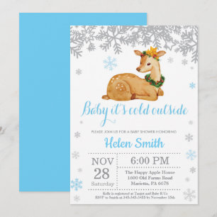 Invitation Cerf Hiver Bleu Garçon Baby Shower Flocon de Neige
