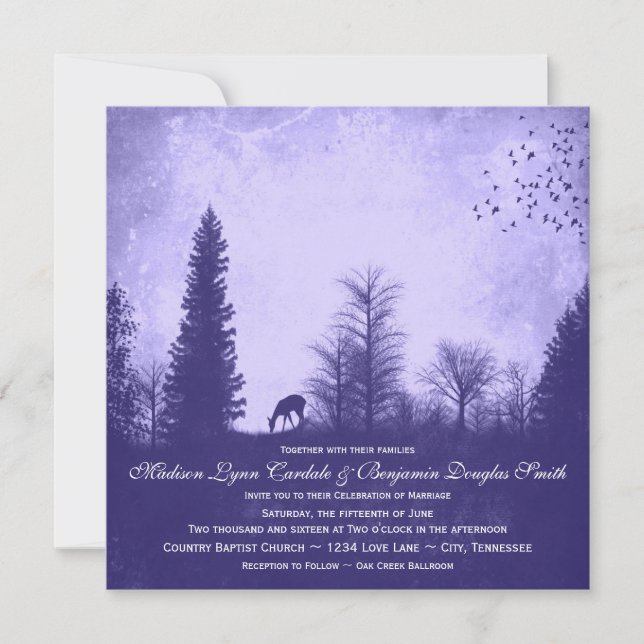 Invitation Cerf rustique dans les arbres Mariage violet Invit (Devant)