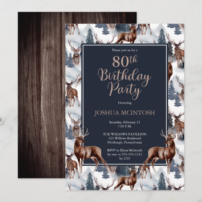 Invitation Cerf rustique Woodsy | Forêt 80ème anniversaire fê (Devant / Derrière)