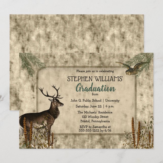 Invitation Cerf rustique Woodsy | Owl Graduation Party (Devant / Derrière)