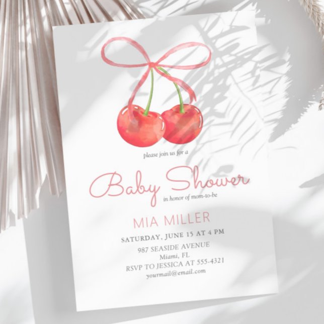Invitation Cerise et ruban rose Baby shower fille d'aquarelle (Créateur téléchargé)