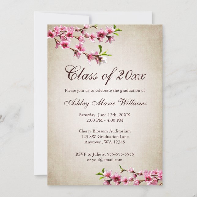 Invitation Cerise Fleurs Vintage Tan Graduation (Devant)