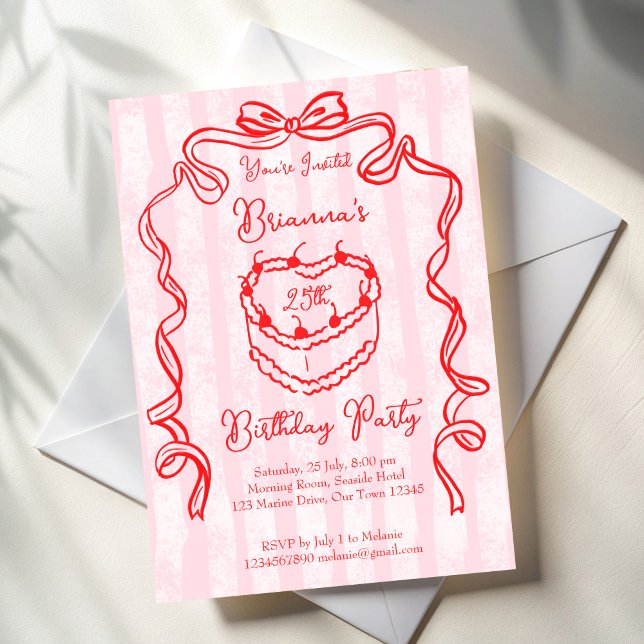 Invitation Cerise gâteau rose coquette arc fête d'anniversair (Cherry cake pink bow ribbon handrawn sketch coquette birthday party invitation template)