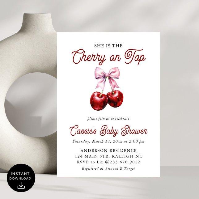 Invitation Cerise moderne sur le Baby shower en bois rose sup (Créateur téléchargé)