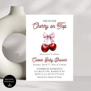 Invitation Cerise moderne sur le Baby shower en bois rose sup