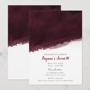 Invitation Cerise Noir Aquarelle Or Moderne Élégant Douce 16