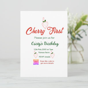 Invitation cerise premier anniversaire rouge code qr gras rét