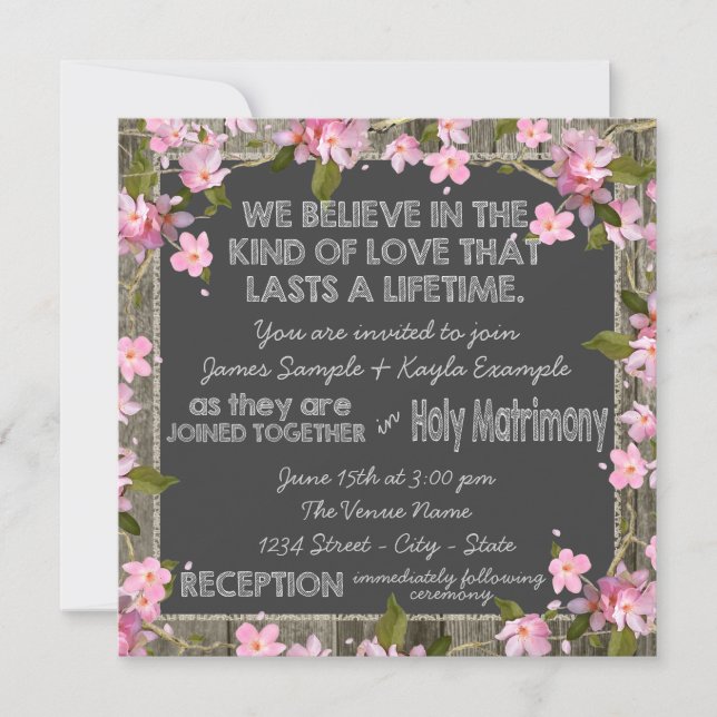 Invitation Cerise rose Rustique Grange Mariage de chalk de bo (Devant)