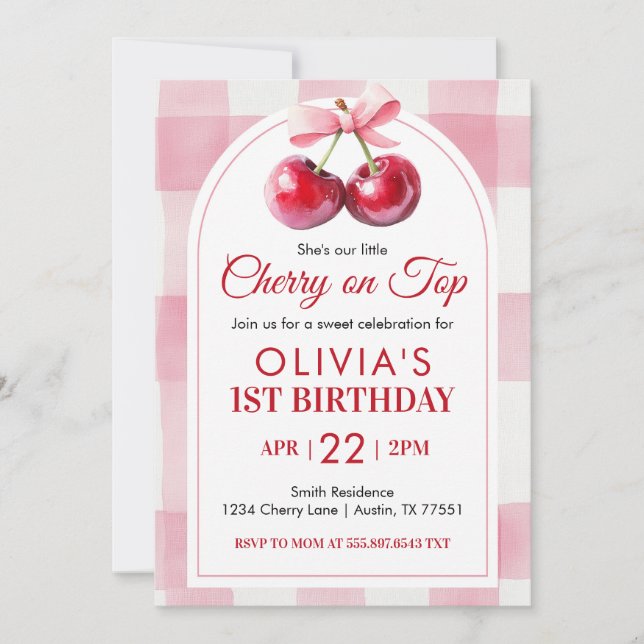 Invitation Cerise Ruban Anniversaire Cerise Sur le Dessus (Devant)