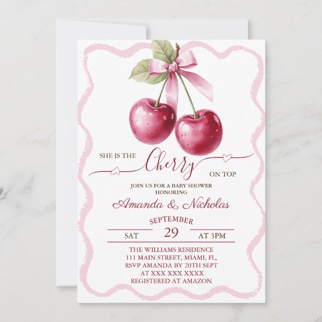 Invitation Cerise Sur Le Baby shower De Bow Rose Haut (Devant)