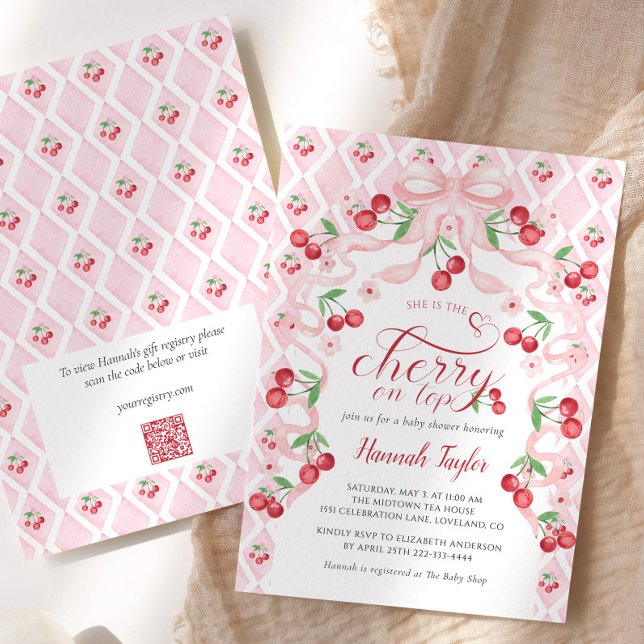 Invitation Cerise sur le Baby shower de code QR de la corbeil (Créateur téléchargé)