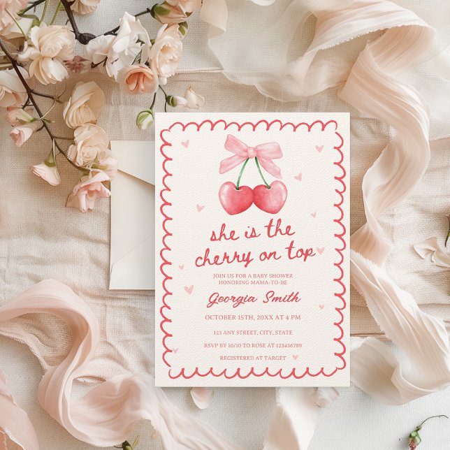 Invitation Cerise sur le dessus Baby shower à main Coquette B (She is the cherry on top Baby Shower Invitation Coquette Bow Pink & Red Vintage Retro)