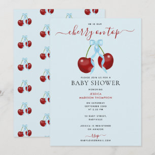 Invitation Cerise sur le dessus Baby shower moderne Blue Bow 
