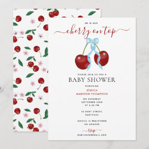 Invitation Cerise sur le dessus Baby shower moderne Blue Bow 