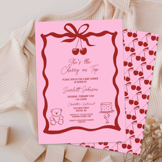 Invitation Cerise sur le dessus Bow rose et Baby shower rouge (She's the Cherry on Top Baby Shower Invitation, It's a Girl, Pink and Red, Hand Drawn, Bow, Chic)
