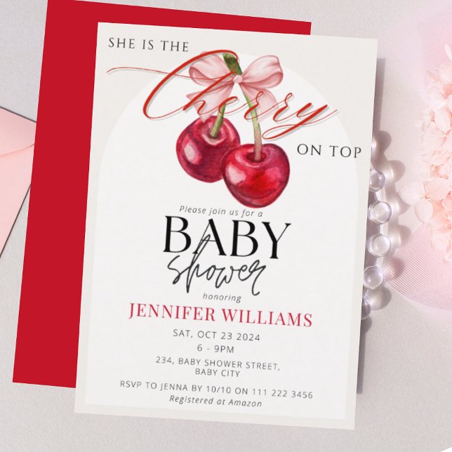 Invitation Cerise sur le dessus Chic Coquette Fête des mariée (Cherry on Top Chic Coquette Girl Baby Shower Invitation)