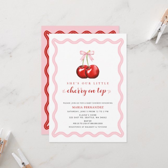 Invitation Cerise sur le dessus Coquette Baby shower de fille (Devant/Arrière en situation)