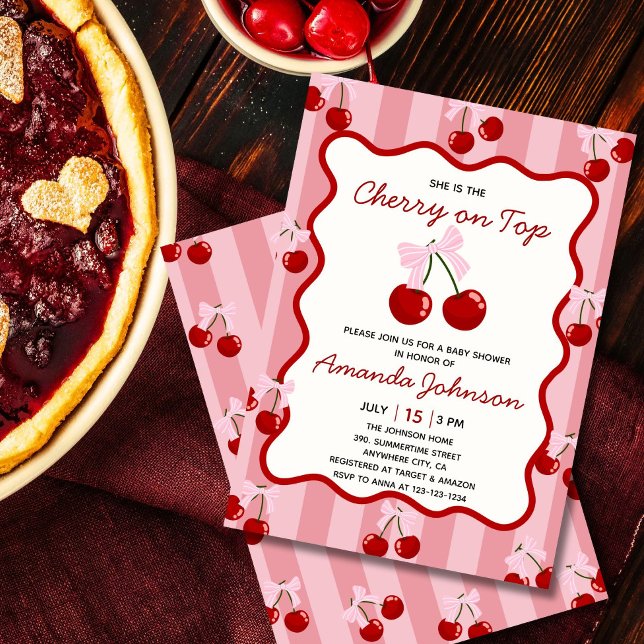 Invitation Cerise sur le dessus Coquette Bow rose fille Baby  (Blush pink cherry baby shower invitation with cute bow, whimsical and sweet design)