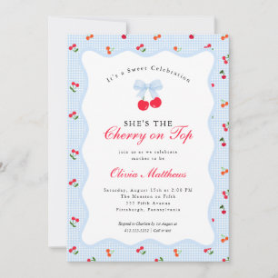 Invitation Cerise sur le dessus Coquette Nœud Gingham Baby Sh