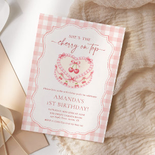 Invitation Cerise sur le dessus Gingham rose 1er anniversaire
