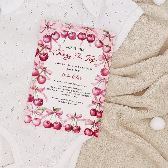 Invitation Cerise sur le dessus Pink bow Berries Baby Girl Do (Cherry Baby Shower Invitation – Pink Bow & Berries Coquette Girl Baby Shower Invite)