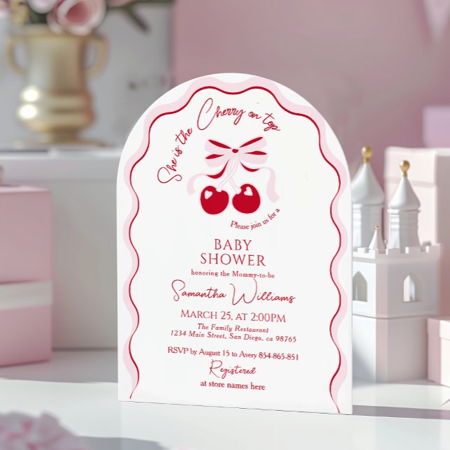Invitation Cerise sur le dessus Pink Bow Red Baby Girl Shower (Créateur téléchargé)