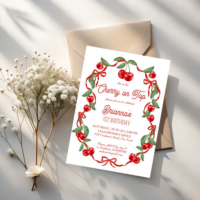 Invitation Cerise sur le haut ruban fantaisie fête d'annivers (She is the Cherry on top red ribbon whimsical cherry birthday party invitation template)