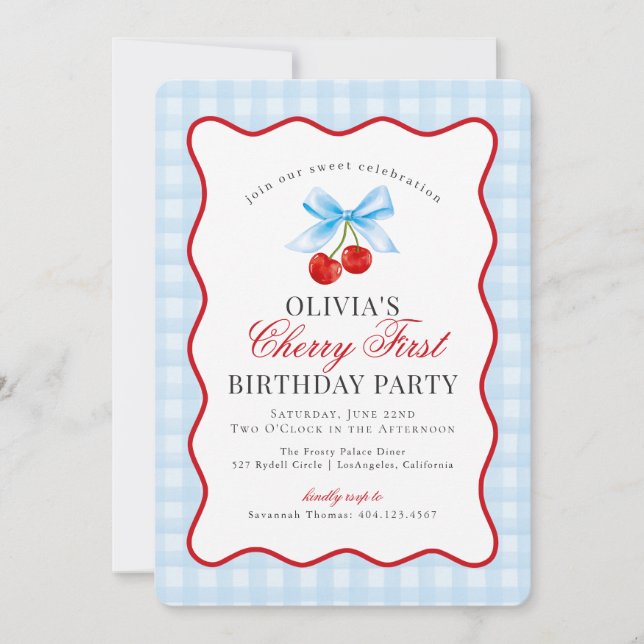 Invitation Cerise Sweet Blue Coquette En vichy premier annive (Devant)