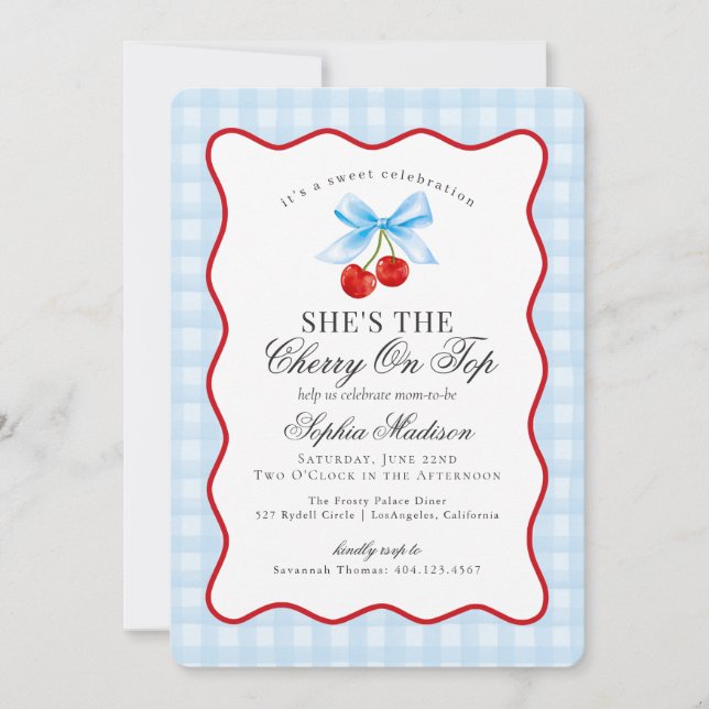 Invitation Cerise Sweet Coquette Rose Bow En vichy Baby showe (Devant)