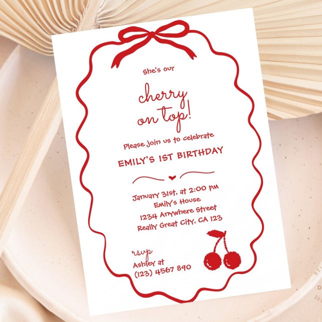 Invitation Cerise tirée à la main sur le dessus Anniversaire (Hand drawn Red Cherry On Top Birthday Invitation with Handwritten Scribble Font)