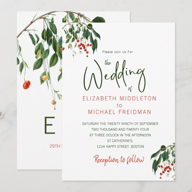 Invitation Cerises Rouge Vert Moderne Design élégant Mariage  (Devant / Derrière)