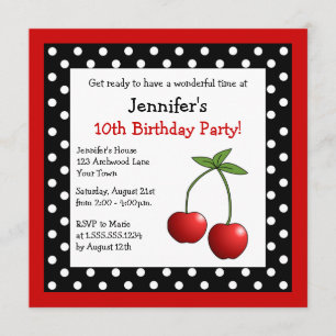 Invitation Cerises rouges Anniversaire Pois noirs et blancs