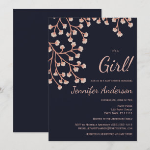 Invitation Cerisier Fleur rose Bleu Baby shower fille