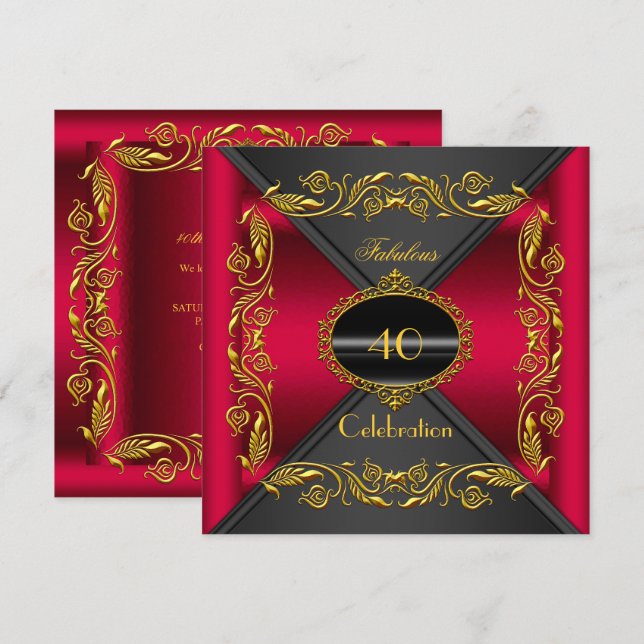 Invitation Cerisier Rouge Elégant Black Gold Fabuleux 40ème F (Devant / Derrière)