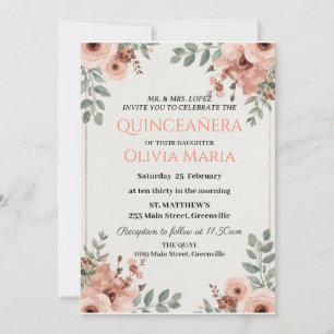 Invitation Cerisiers en Fleurs Papillons Or Rose Quinceañera