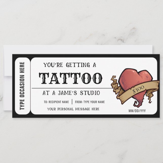 Invitation Certificat Cadeau Billet Tatouage Coeur Personnel (Devant)