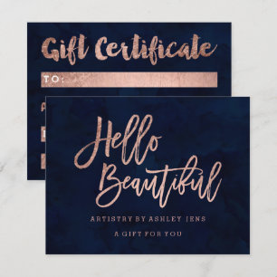 Invitation Certificat cadeau chic rose or bonjour bleu marine