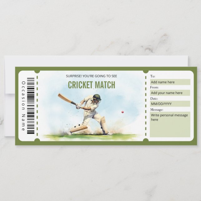 Invitation Certificat cadeau de ticket de match de cricket su (Devant)