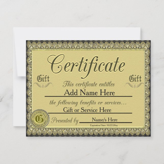 Invitation Certificat cadeau d'or personnalisé pour les invit (Devant)