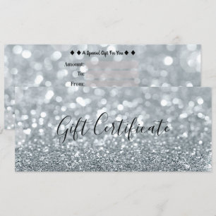 Invitation Certificat Cadeau Paillettes Argentées Blanches Gl