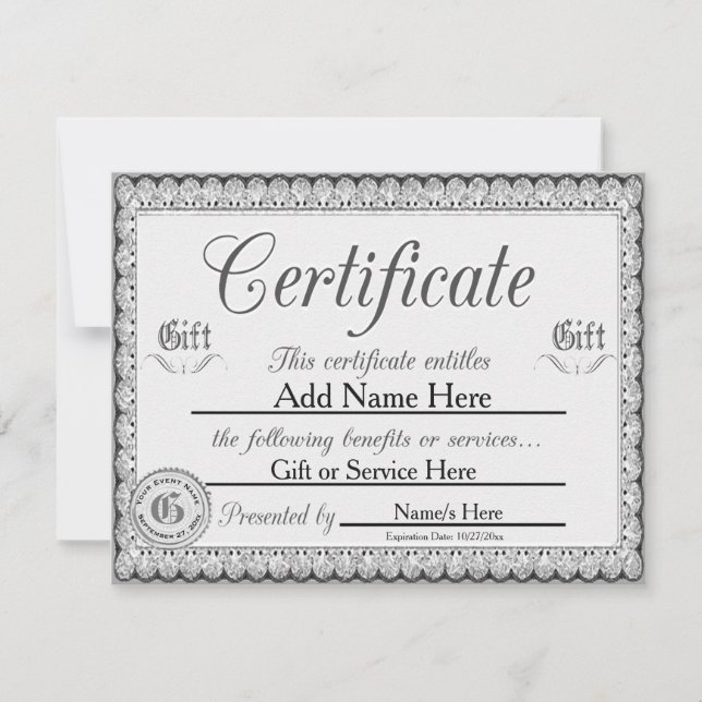 Invitation Certificat cadeau Silver personnalisé pour les inv (Devant)