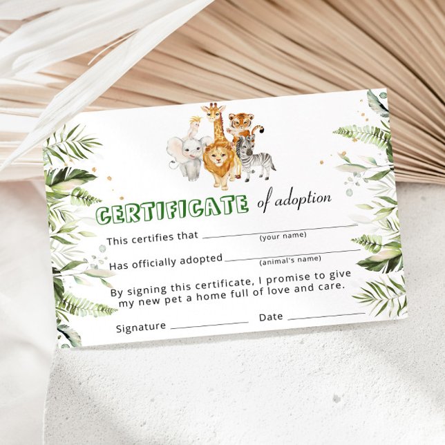 Invitation Certificat d'adoption d'animaux sauvages de Safari (Créateur téléchargé)