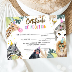 Invitation Certificat d'adoption Safari Party Animaux Anniver