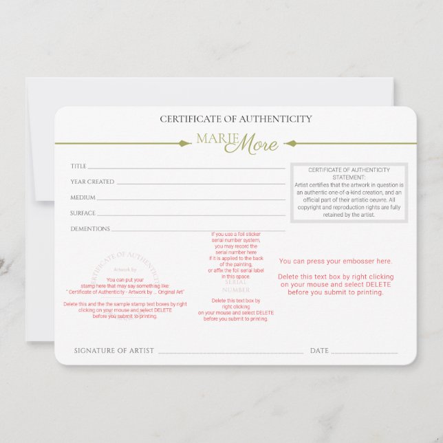 Invitation Certificat d'authenticité (Devant)