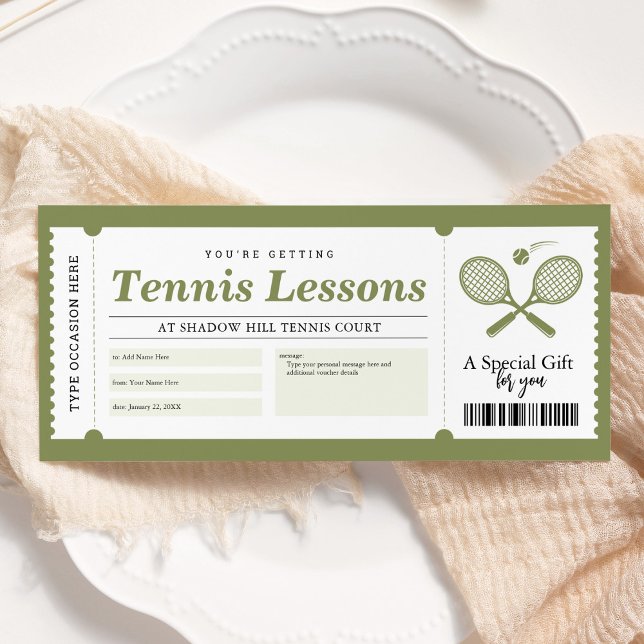 Invitation Certificat de bon cadeau de leçon de tennis (Créateur téléchargé)