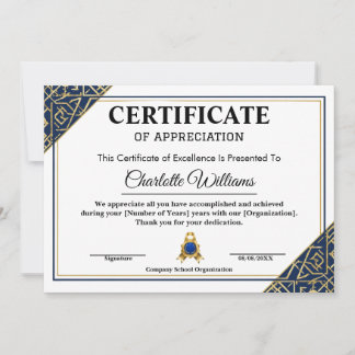 Invitation Certificat de reconnaissance de l'employé Bleu Or