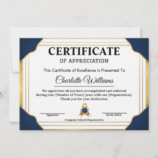 Invitation Certificat de reconnaissance des employés Bleu Or