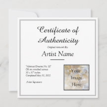 Certificat en argent d'authenticité Art Photo