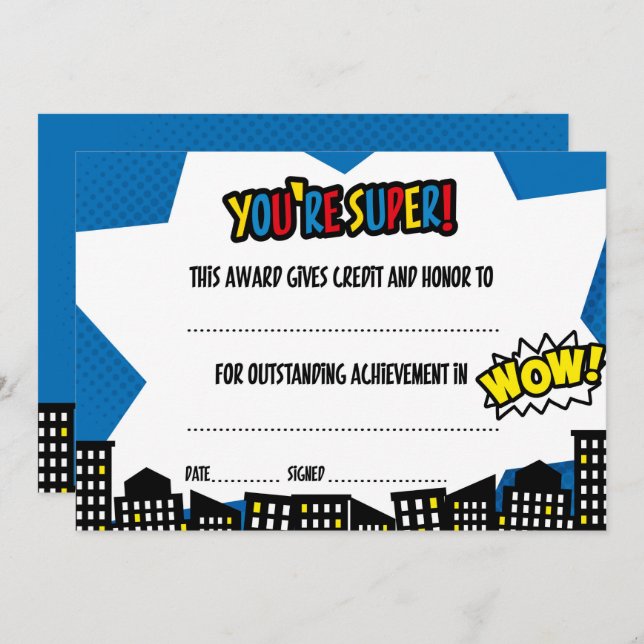 Invitation Certificat Superhero, diplôme (Devant / Derrière)